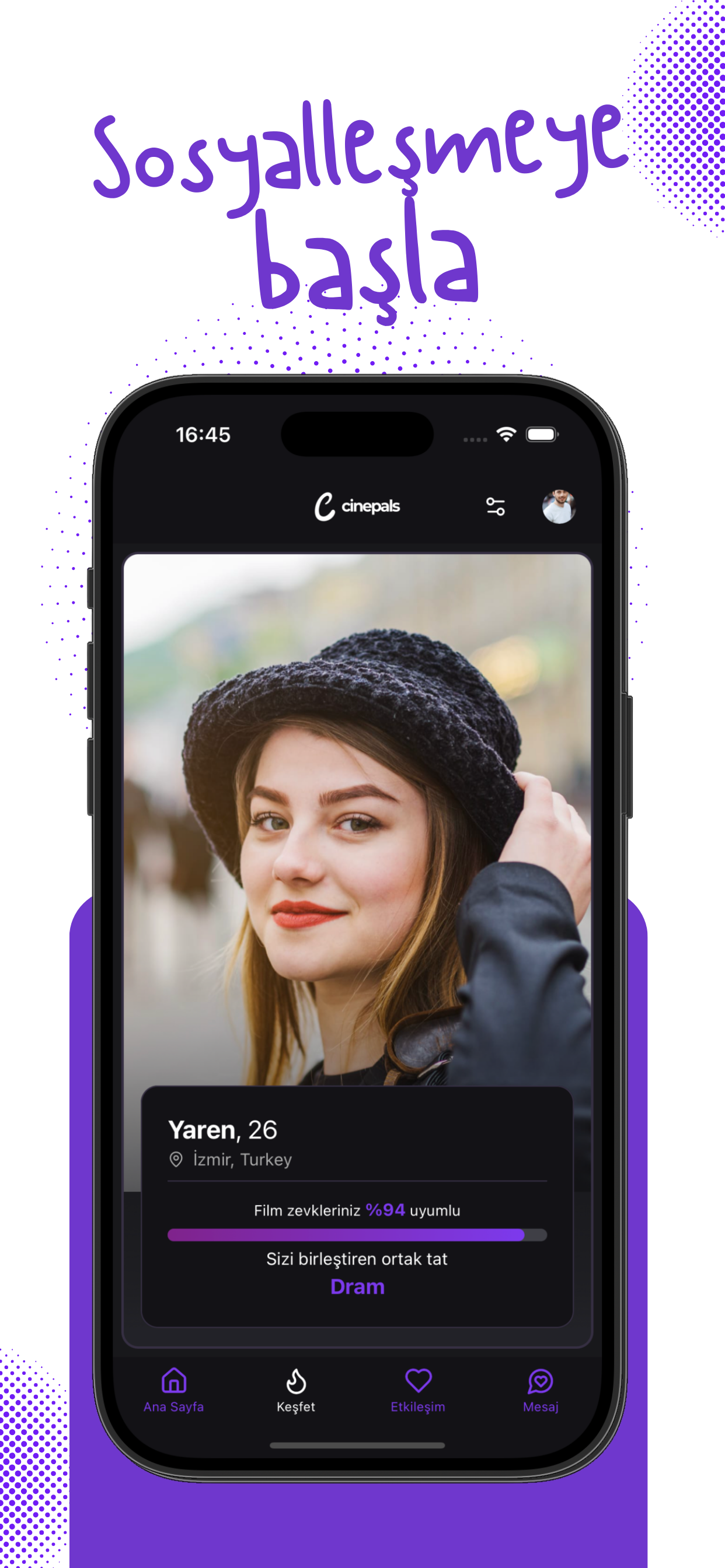 CinePals matching interface showing user profiles matched by movie taste